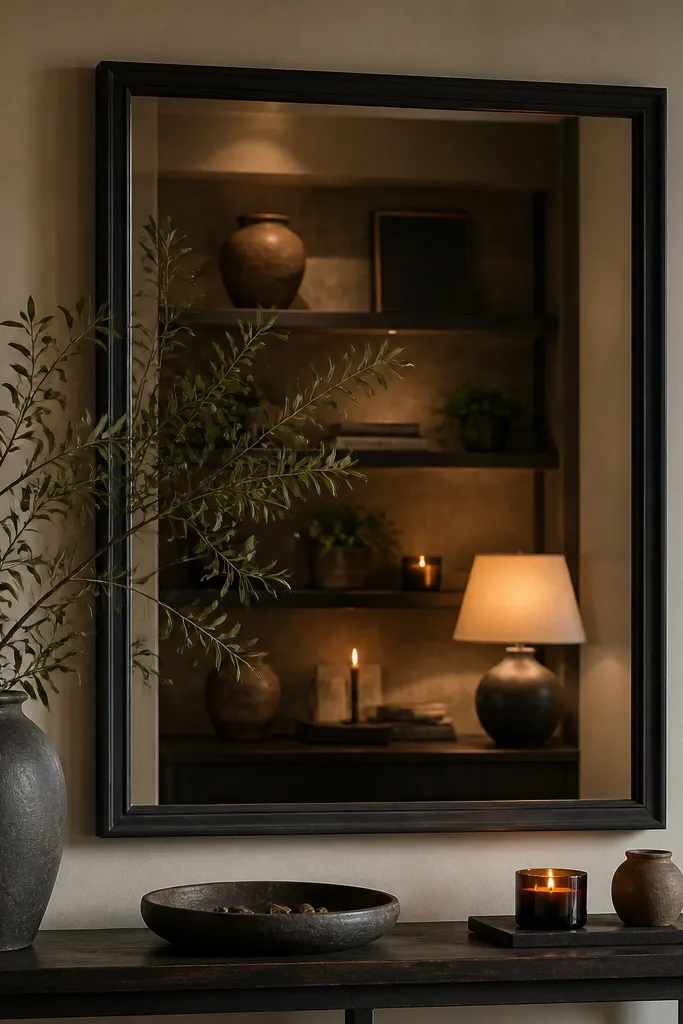 Large black-framed mirror reflecting a craft corner with warm light
