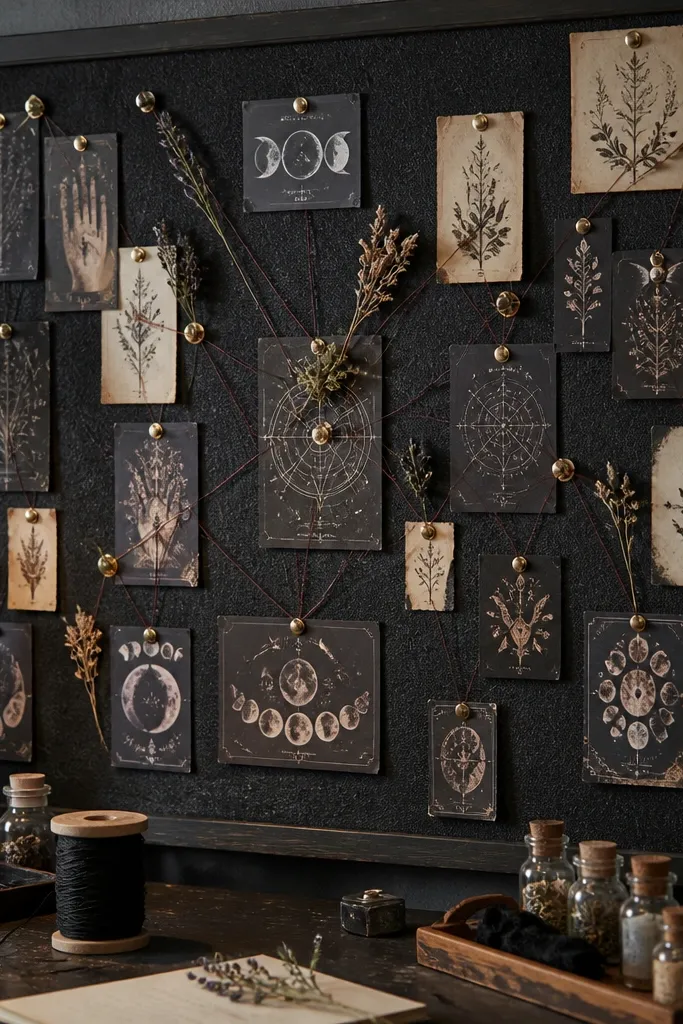 Charcoal cork pinboard with pinned cards, thread lines, and tiny brass clips