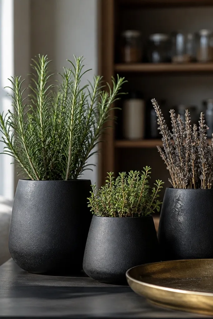 Black ceramic herb planters with dried herbs and a small candle on a side table