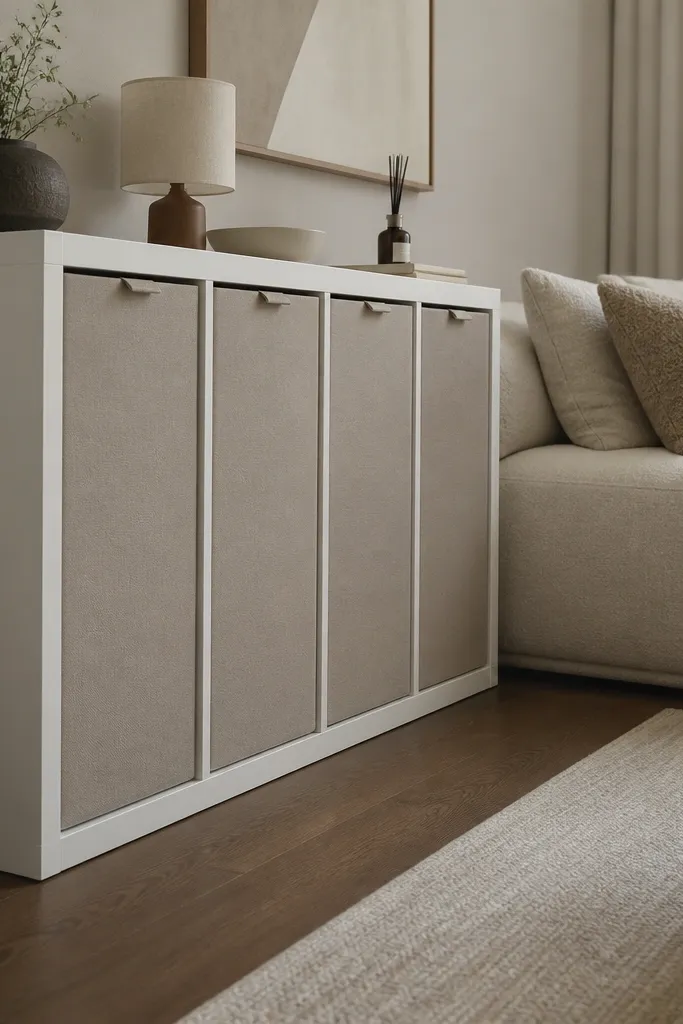 White Kallax divider with vertical cloth bins and a linen runner on top