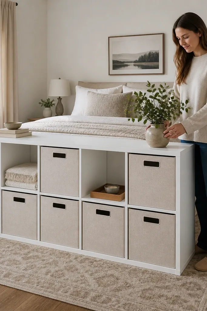 White Kallax divider with linen drawer boxes and a minimal top styling
