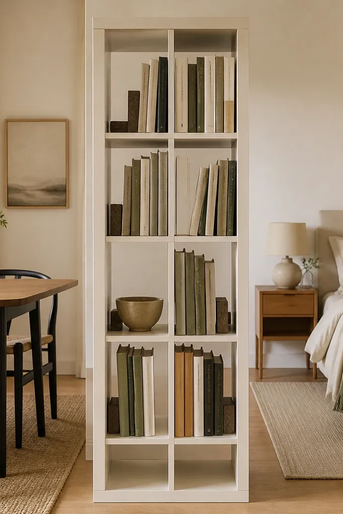 Tall 4x2 Kallax divider with book stacks and neutral bins
