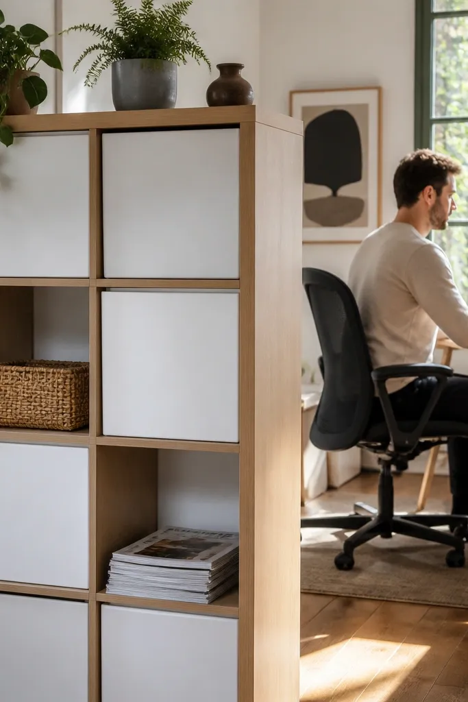 Natural wood Kallax divider with white storage bins and a small plant