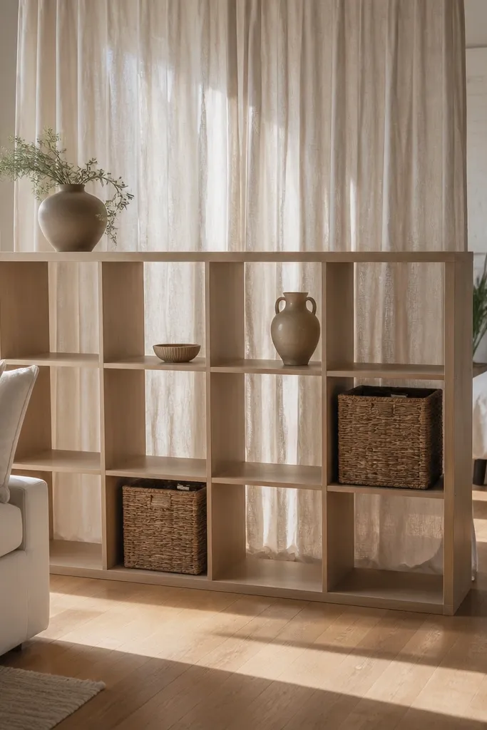Kallax divider with sheer linen curtains hung from wall hooks