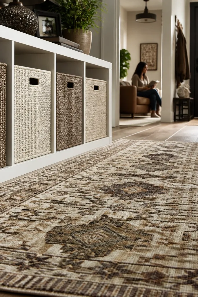 Kallax divider placed on a patterned rug with stacked baskets