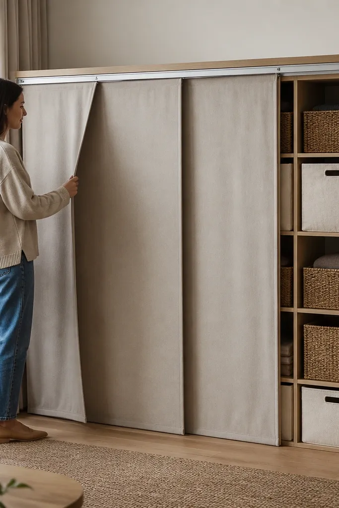 Kallax divider with sliding linen panels covering part of the grid