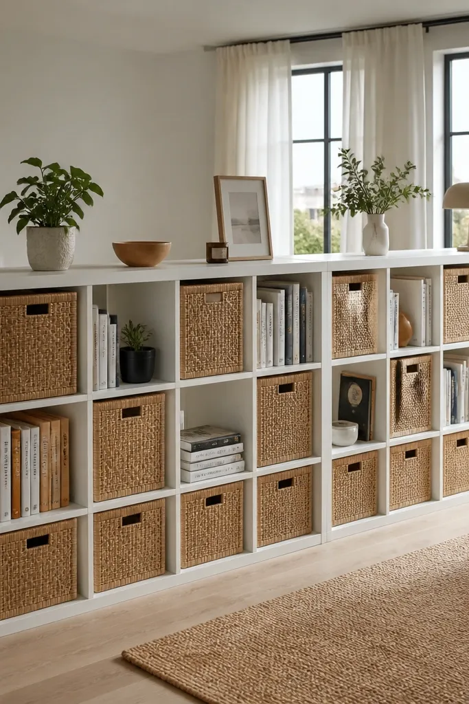 Two Kallax units back-to-back with baskets and a long wood shelf on top
