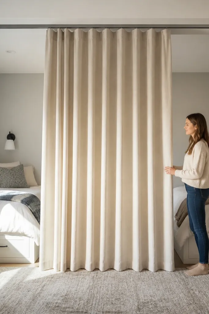 Cream blackout curtain panel hanging from a ceiling track between two twin beds