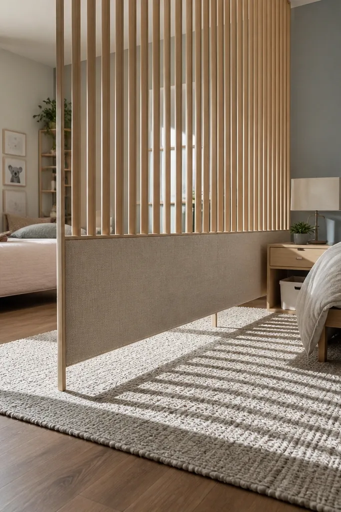 Light wood slatted room divider with a neutral fabric runner on the floor