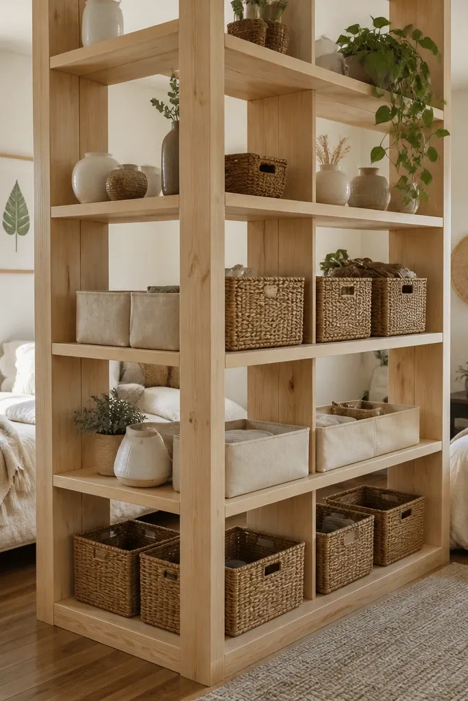 White open shelves divider with baskets on both sides separating two desks