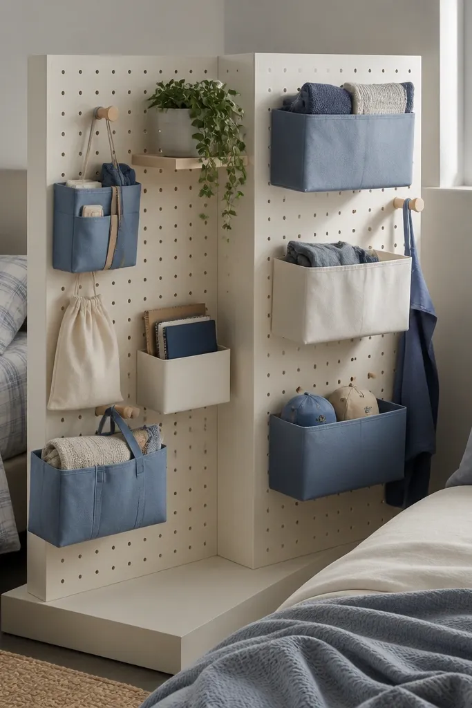 Matte gray pegboard divider with hanging bins between two beds
