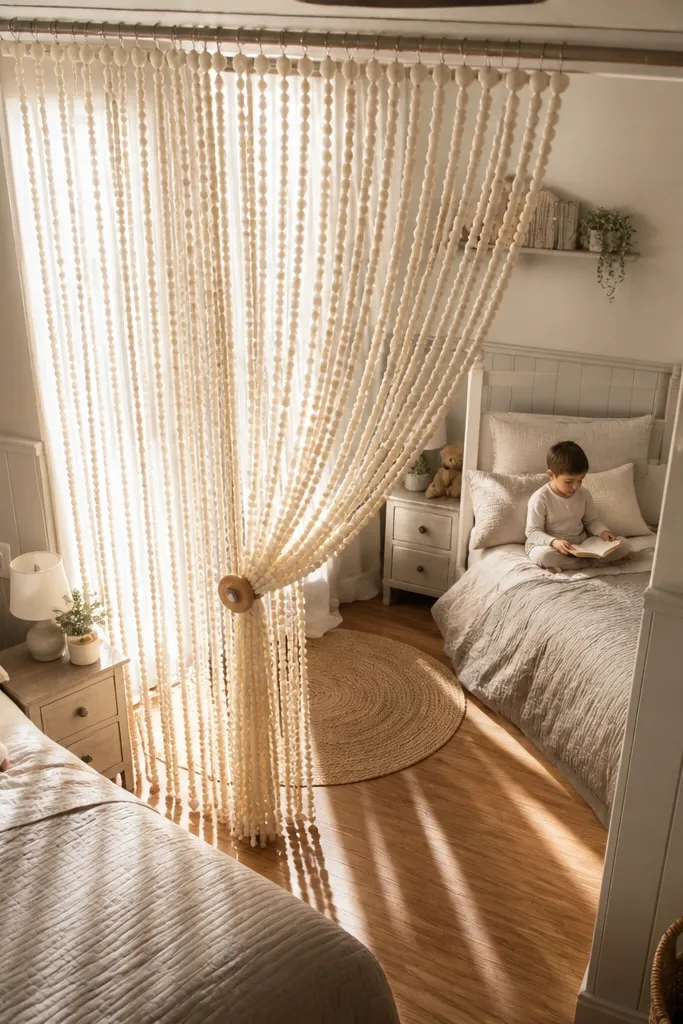 Beaded curtain in warm cream with a matching fabric tieback between beds