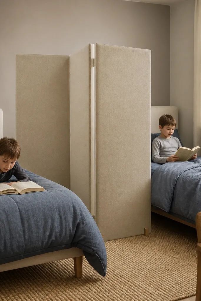 Foldable beige fabric screen used as a divider between two beds