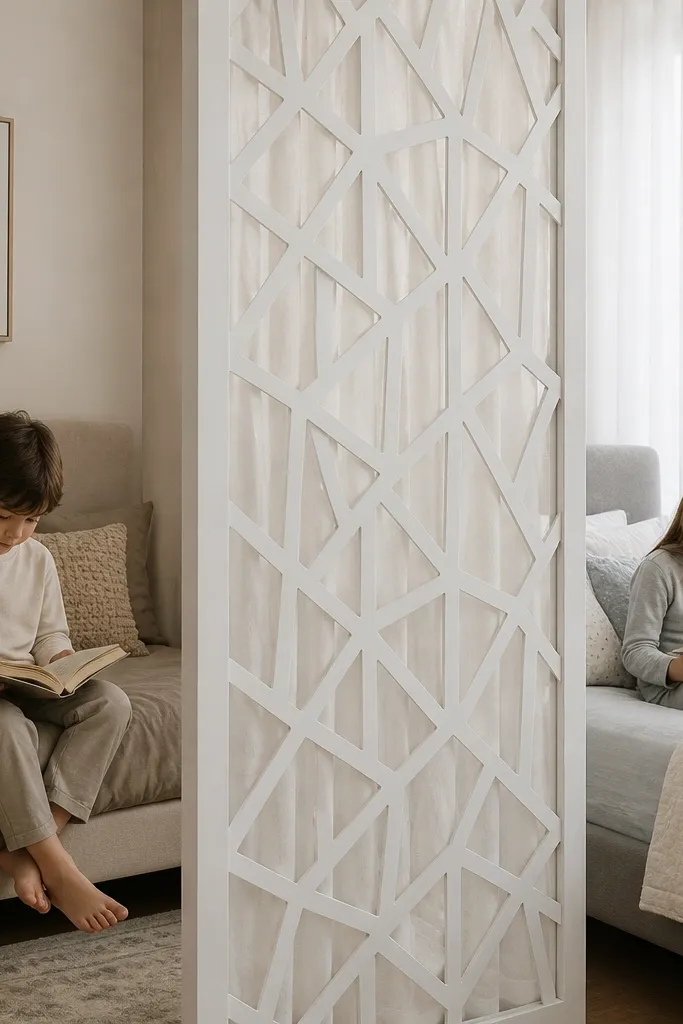 White lattice divider with a sheer curtain layer behind it for soft privacy