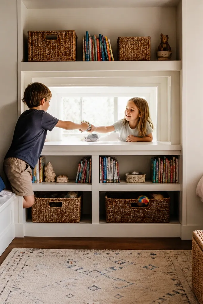 Low bookcase divider with a cutout opening between two kids' beds