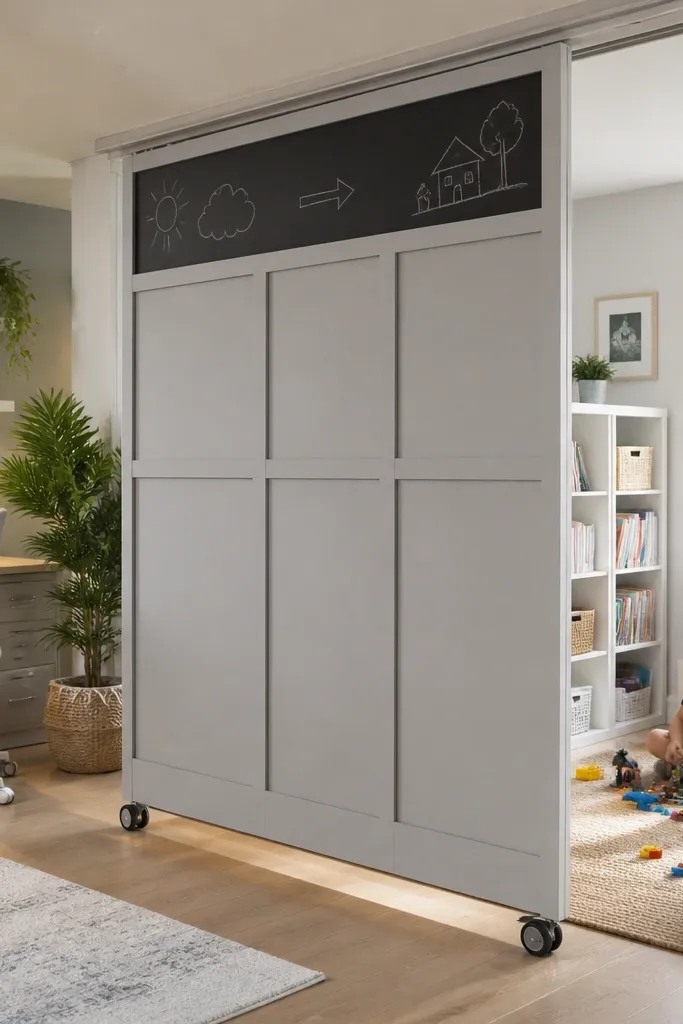 Rolling panel divider with a chalkboard strip for labeling shared storage