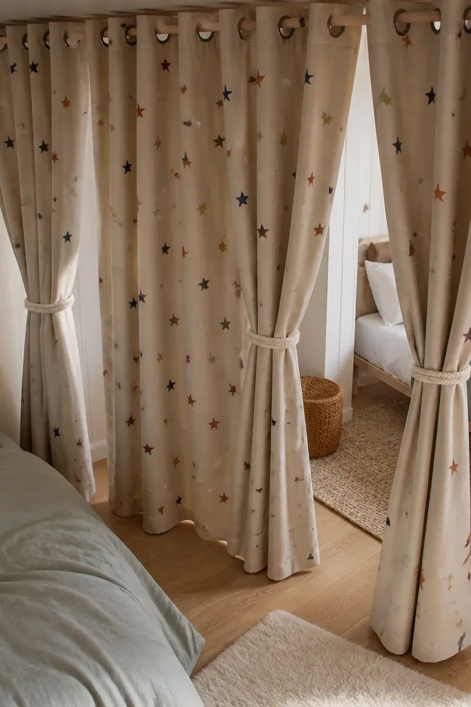 Two fabric privacy panels hung with grommet ties, forming a divider between beds