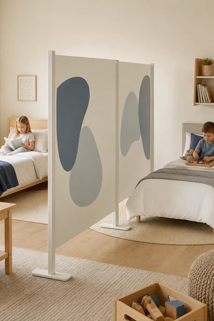 Matte white temporary divider with removable decals separating a play and sleep area