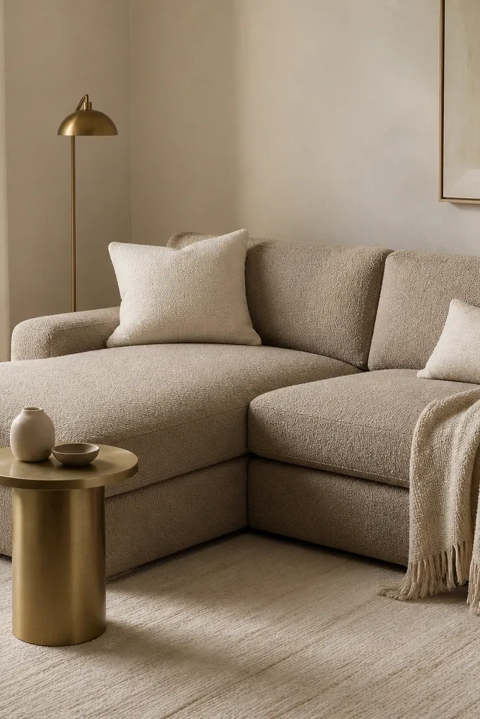 A warm greige L-shaped sofa with thick bouclé upholstery sits in a corner. A round brushed brass side table is placed near the chaise. Two cream cushions and one oatmeal throw are layered. A small brass floor lamp stands behind the sofa, and a light rug covers the seating area.