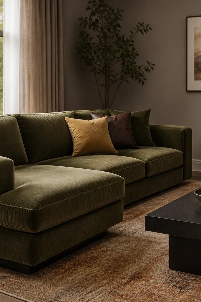 A deep olive L-shaped sofa with velvet-like upholstery. The chaise faces a dark media console. There are three cushions: one in olive, one in muted gold, one in a chocolate brown leather-look cover. A dark coffee table and a warm area rug sit under the front legs.
