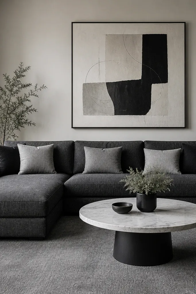 A charcoal L-shaped sofa with a textured weave. A marble-top coffee table with a black base sits centered in front. Light gray and black cushions are arranged in a clean line. A large abstract print hangs above the sofa, and the rug is medium gray.