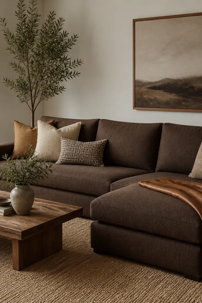 A cocoa brown L-shaped sofa in a linen-blend fabric. A cognac leather throw is draped over the chaise. Cushions include tan, cream, and a small pattern in muted brown. A warm wood coffee table and a jute-like rug texture appear in the scene.
