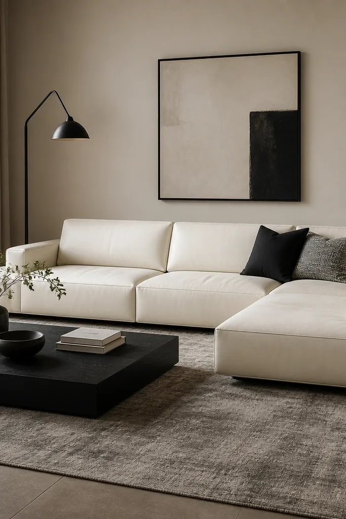 An ivory L-shaped sofa with leather-look upholstery. A blackened steel floor lamp stands near the back corner. Two monochrome cushions sit on the seat, and a large low-profile rug anchors the area. The coffee table is black with a matte finish.