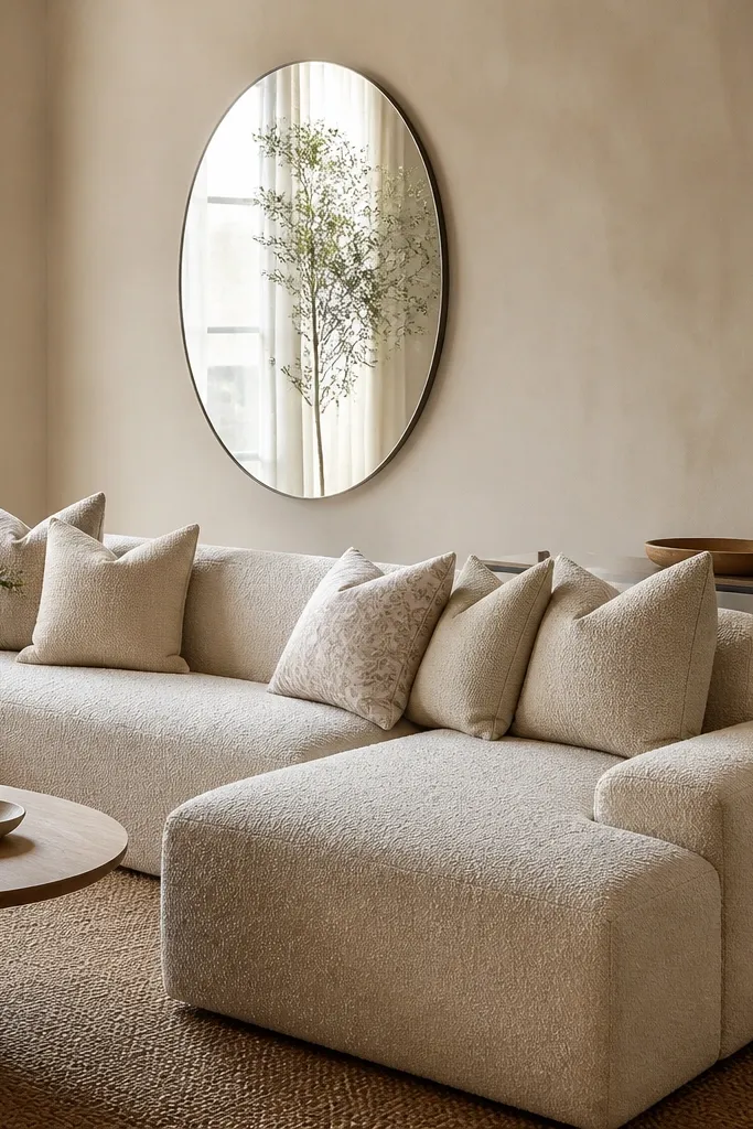 A sand-colored L-shaped sofa with bouclé upholstery. A large oval wall mirror hangs above the sofa area. The cushions are sand and cream, with a single soft patterned accent. A slim console table sits behind or beside the sofa with a decorative tray.
