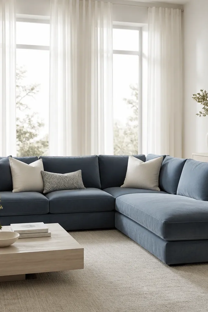 A slate blue L-shaped sofa with velvet-like upholstery. Floor-to-ceiling off-white sheer drapes frame the windows. Cushions include slate blue, ivory, and a small geometric accent in muted gray. A light rug and a pale wood console keep the palette airy.