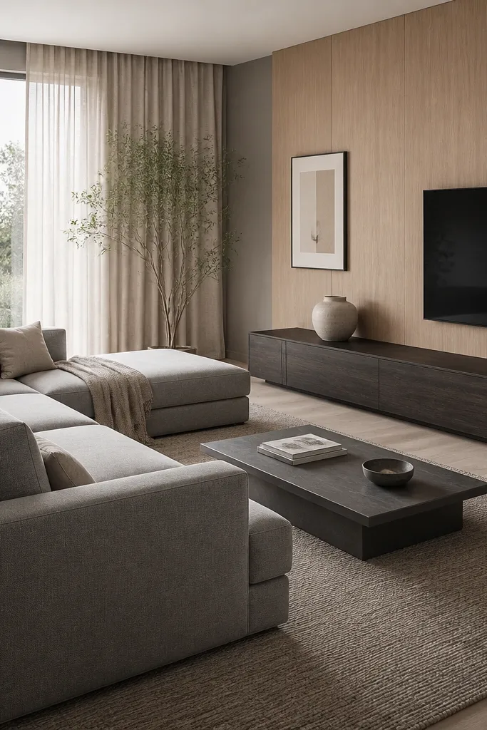 A stone gray L-shaped sofa facing a low media console. The sofa fabric is tightly woven and matte. A media wall with a light wood panel runs behind. Decorative items are minimal: one ceramic vase and a framed print. The rug is a textured taupe.