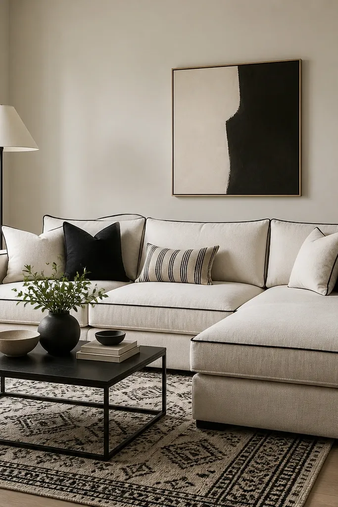 An ivory L-shaped sofa with black piping detail. A patterned throw rug sits under the front area, with black and cream tones. Cushions include black and ivory squares and a single striped pillow. A black metal coffee table and a cream floor lamp appear in the scene.