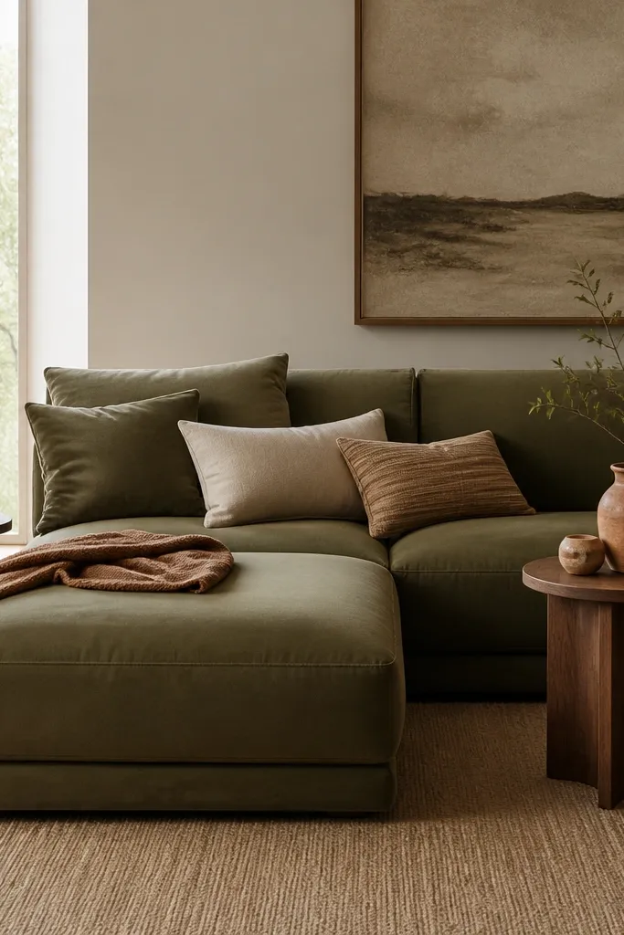 A muted olive L-shaped sofa. Two small walnut side tables sit near the chaise and main seat. Terracotta ceramic vases and one clay-toned throw are placed on the tables. The rug is warm beige with a low pile. Cushions are olive, cream, and a tan striped accent.