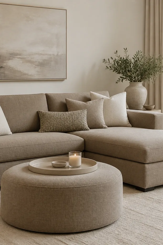 A taupe L-shaped sofa with micro-weave upholstery. A large round ottoman in a matching taupe tone sits in front of the chaise. Cushions are cream and taupe, with one textured lumbar pillow. A tray with a candle sits on the ottoman.