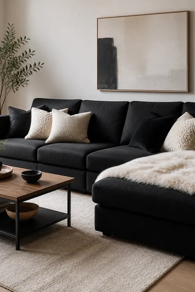 A black L-shaped sofa with smooth upholstery. A cream faux fur throw is draped over the chaise. Cushions are black and off-white in a mix of smooth and knitted textures. A light rug and a black-and-wood coffee table sit underneath.