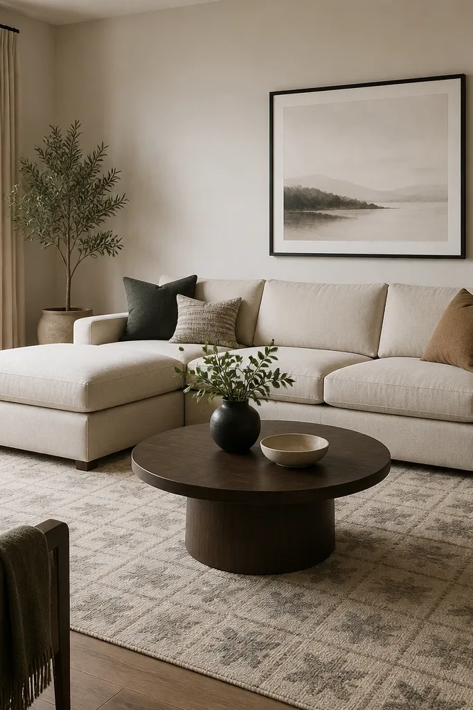 A light oatmeal L shape sofa with the chaise facing toward the room center. A 9x12 rug sits under the front legs, with a subtle geometric pattern in cream and taupe. A round dark wood coffee table is centered in front, and a tall floor lamp stands near the chaise. Above the sofa is a large framed print in a thin black frame.