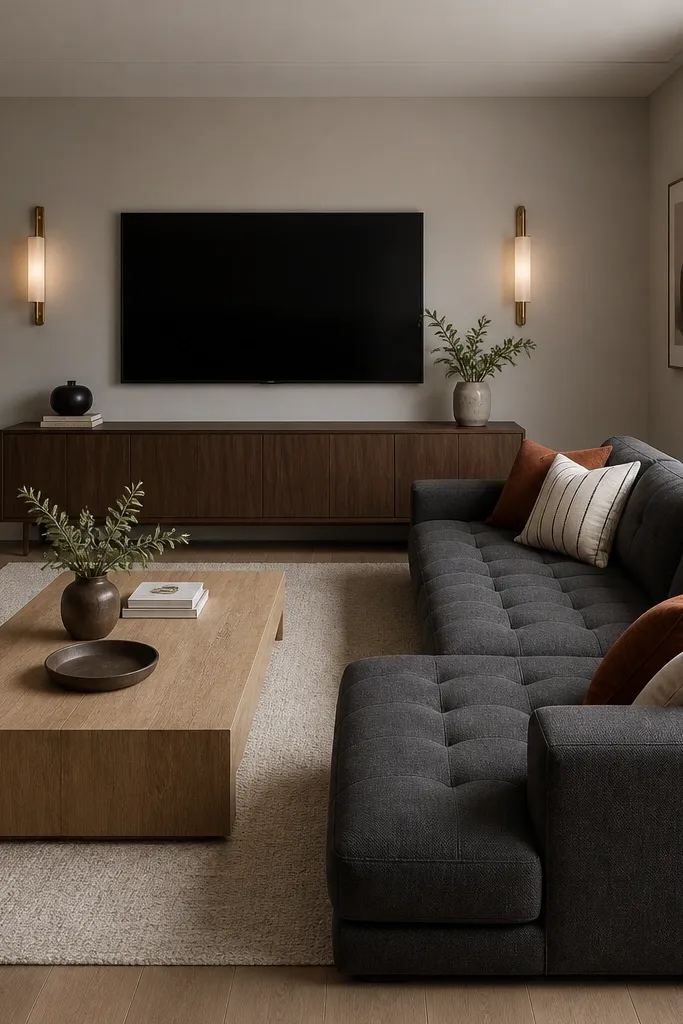 A charcoal grey L shape sofa with a low profile sits against a light warm-gray wall. The chaise runs along the right side, and the back cushions are tufted. A walnut media console is centered on the TV wall, with two matching wall sconces. The coffee table is a light oak rectangular table. Throw pillows mix cream, rust, and small black stripes.