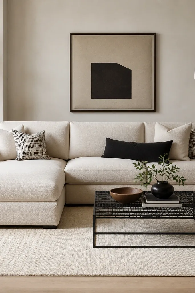 A cream linen-look L shape sofa with rounded arms and clean seams. The chaise is on the left, facing a black grid metal coffee table. The rug is ivory with a low pile texture. A black floor lamp with a linen shade stands by the right end of the sofa. Pillows include a small check pattern and one solid black lumbar.