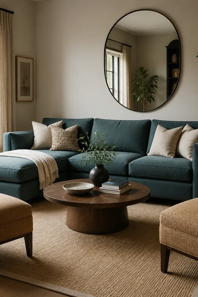A medium blue-green L shape sofa sits with the chaise facing inward. Two armless accent chairs in tan fabric flank the coffee table, forming a conversational U shape. The rug is a warm beige rectangle with a subtle border. A large oval mirror hangs above the sofa.