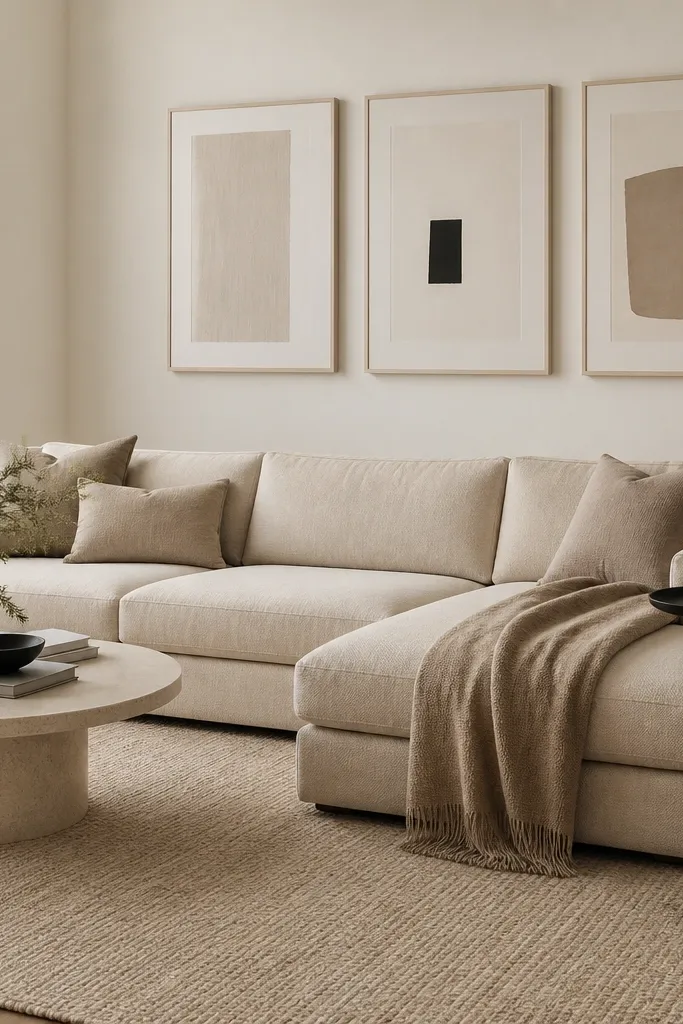 A beige L shape sofa with a slightly darker beige throw blanket draped over the chaise. The rug is not shag - it's a tightly woven texture in sand and oat tones. A slim black tray table sits near the chaise. Wall art is a set of three minimalist prints in off-white frames.