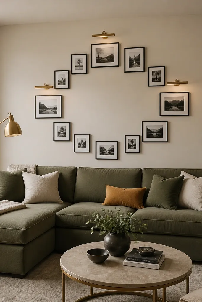 An olive green L shape sofa with the chaise to the left. Brass picture lights and a brass floor lamp sit near the sofa. Above the sofa is a circular arrangement of framed photos in black frames. The coffee table is round with a light stone top and brass edge. Decorative pillows are olive, cream, and a small mustard accent.