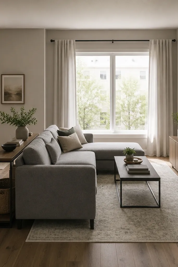 A compact L shape sofa in grey with narrow arms. The chaise faces toward the window side. A slim console table runs behind the sofa near the entry, and a small TV sits on the opposite wall. The rug is 8x10 and fits under the front legs. A narrow pendant light hangs above the dining-adjacent area.