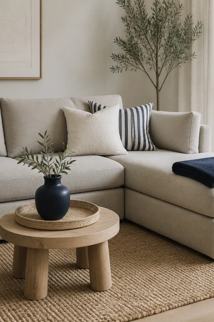 A neutral L shape sofa in light greige. The chaise has a contrasting throw blanket in deep navy folded with sharp edges. The coffee table is a light wood stool style with a tray. Pillows include one solid cream pillow and one navy-and-white striped pillow. A navy vase sits on the tray table.
