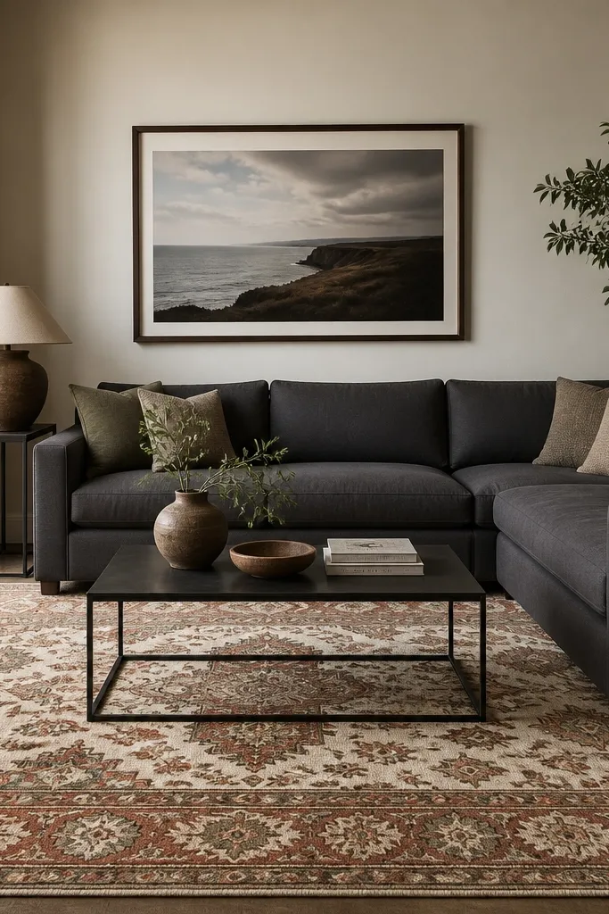A simple charcoal or dark grey L shape sofa with solid cushions. The rug is the star: a large Persian-style pattern in cream, rust, and olive. A rectangular coffee table in black metal sits in front. The wall above has a single large landscape photo in a dark frame.