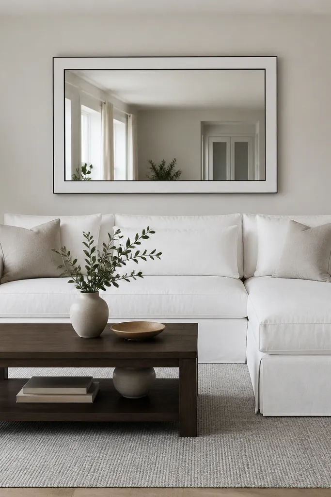 A white slipcovered L shape sofa with visible tailored seams. The chaise is on the right, with a crisp white cushion look. A dark walnut coffee table with a lower shelf sits centered. The rug is a light grey with a subtle weave. The wall has a large white-framed mirror with a thin black edge.