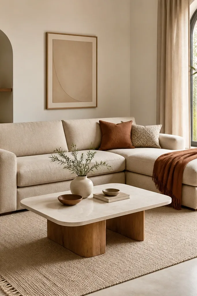 A sand-colored L shape sofa with rounded arms. A terracotta throw blanket is draped over the back of the chaise. The coffee table is light stone with a warm wood base. The rug is beige with small fringe tassels at the ends. Side table is a woven rattan cube.