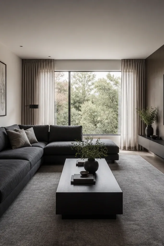 A charcoal L shape sofa with track arms sits facing a media wall. The media console is wall-mounted, with a low floating shelf and a soundbar. The rug is medium grey. A long linear coffee table in black sits centered. Above the sofa is a large TV and a slim art strip on the wall.
