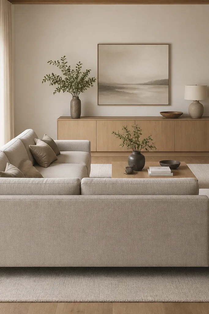 A light warm greige L shape sofa with clean straight arms sits slightly away from the back wall, leaving a small 2-inch gap. A low light-wood media console is centered on the far wall, and a cream rug extends under the front legs.