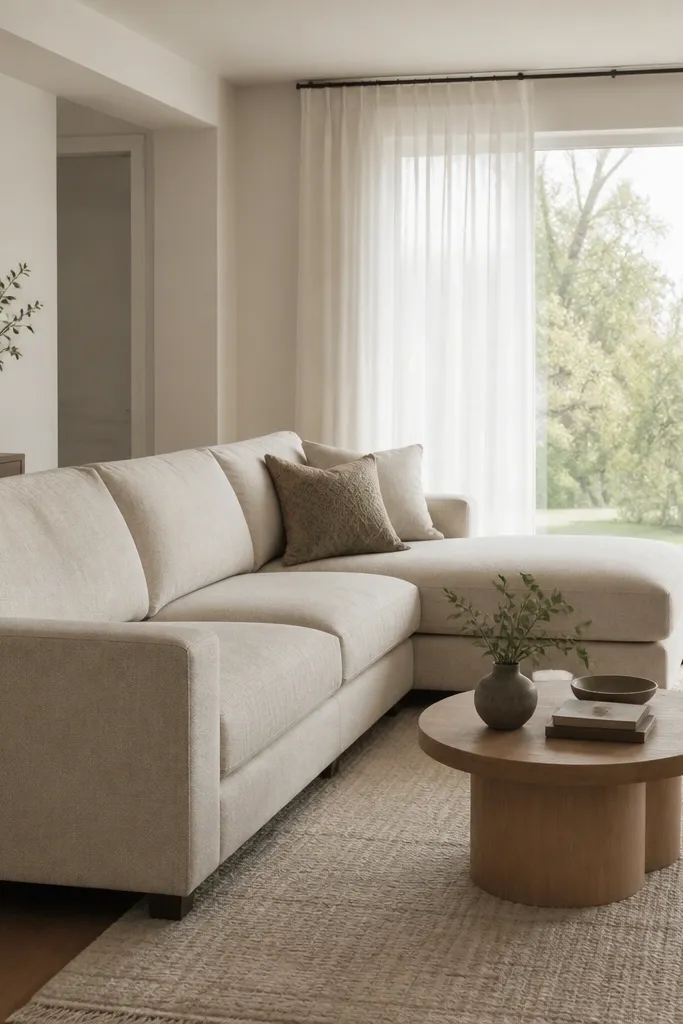 An oatmeal-colored L shape sofa sits facing a window, with the chaise near the glass. Sheer white curtains hang from a rod close to the ceiling, and a light neutral rug covers the floor beneath the front legs.