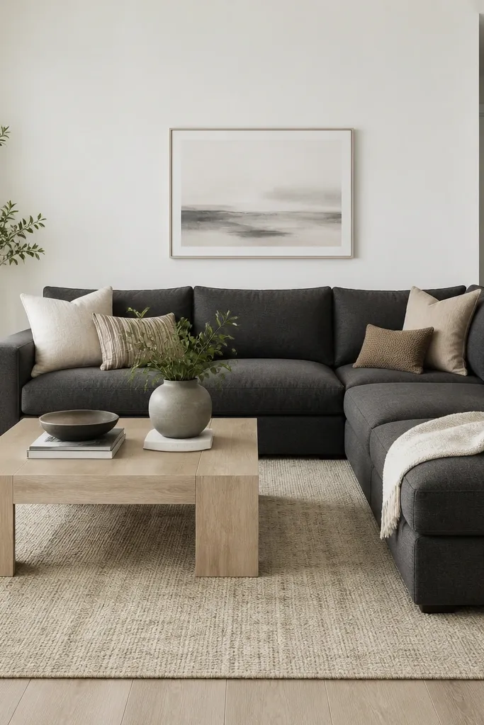 A charcoal gray L shape sofa anchors one side of a small living room. A large light beige rug sits underneath, with a subtle pattern. A white wall and a pale wood coffee table lighten the scene.