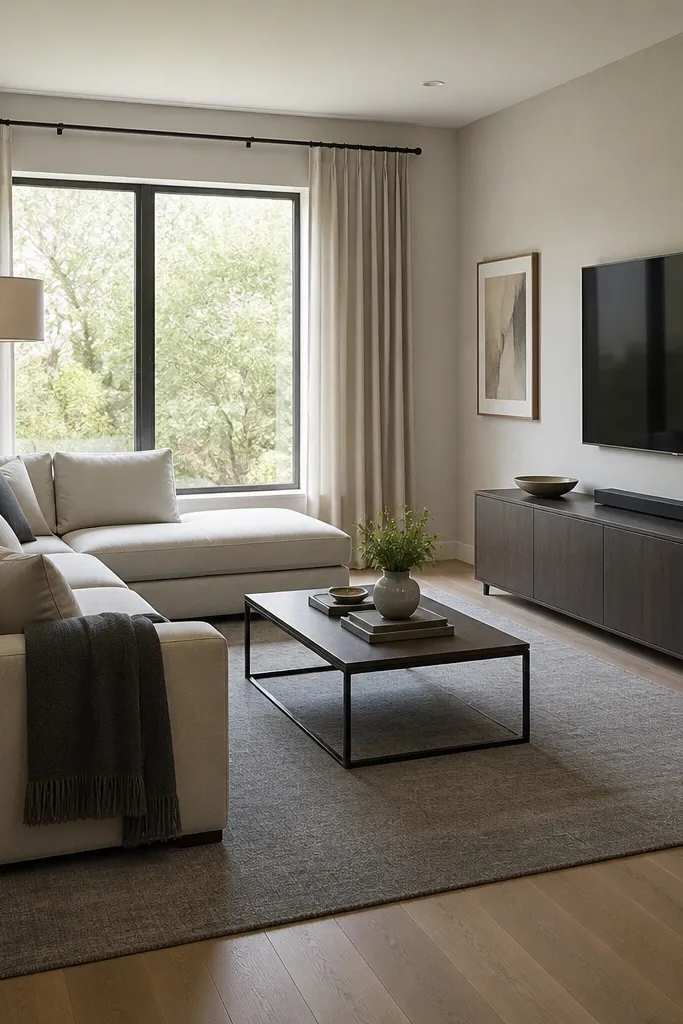 An L shape sofa faces a 55-inch TV mounted on the wall. The chaise is on the side closer to the window. A medium-gray rug extends under the front legs, and a low media console sits under the TV.